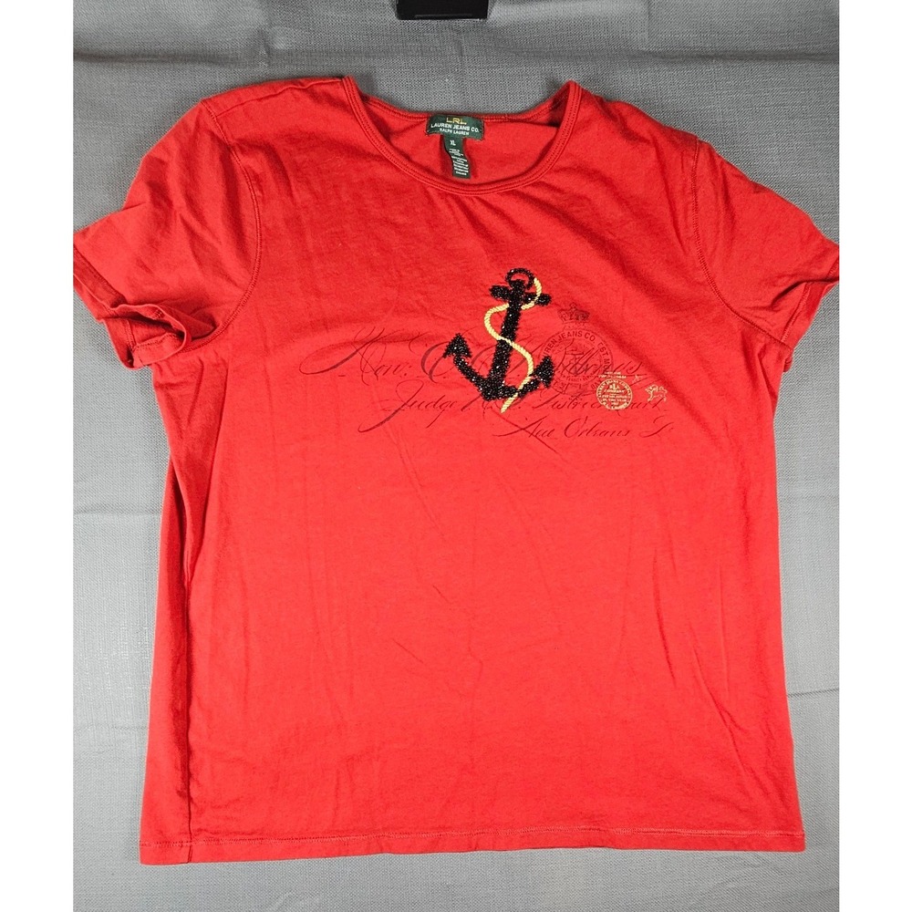 Lauren Ralph Lauren Red Beaded Anchor Graphic T-Shirt XL Short Sleeve Cotton